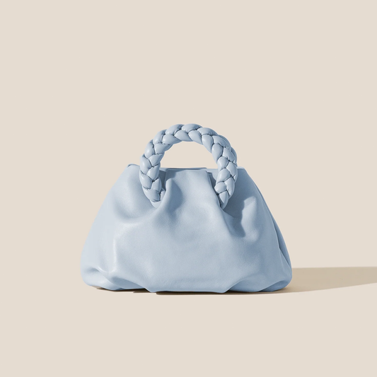 Gentle Pale Sky Blue Rounded Gathered Pouch With Thick Circular Plaited Ring Handle And Relaxed Natural Fold Silhouette