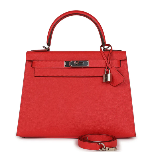Vibrant Tomato Red Fine Grain Sharp Edged Trapezoid Handbag With Polished Silvery Twist Lock Hardware And Hanging Decorative Metal Padlock Charm