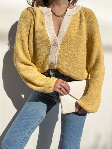 Sunflower Yellow Contrast Peter Pan Collar Puff Sleeve Knit Sweater